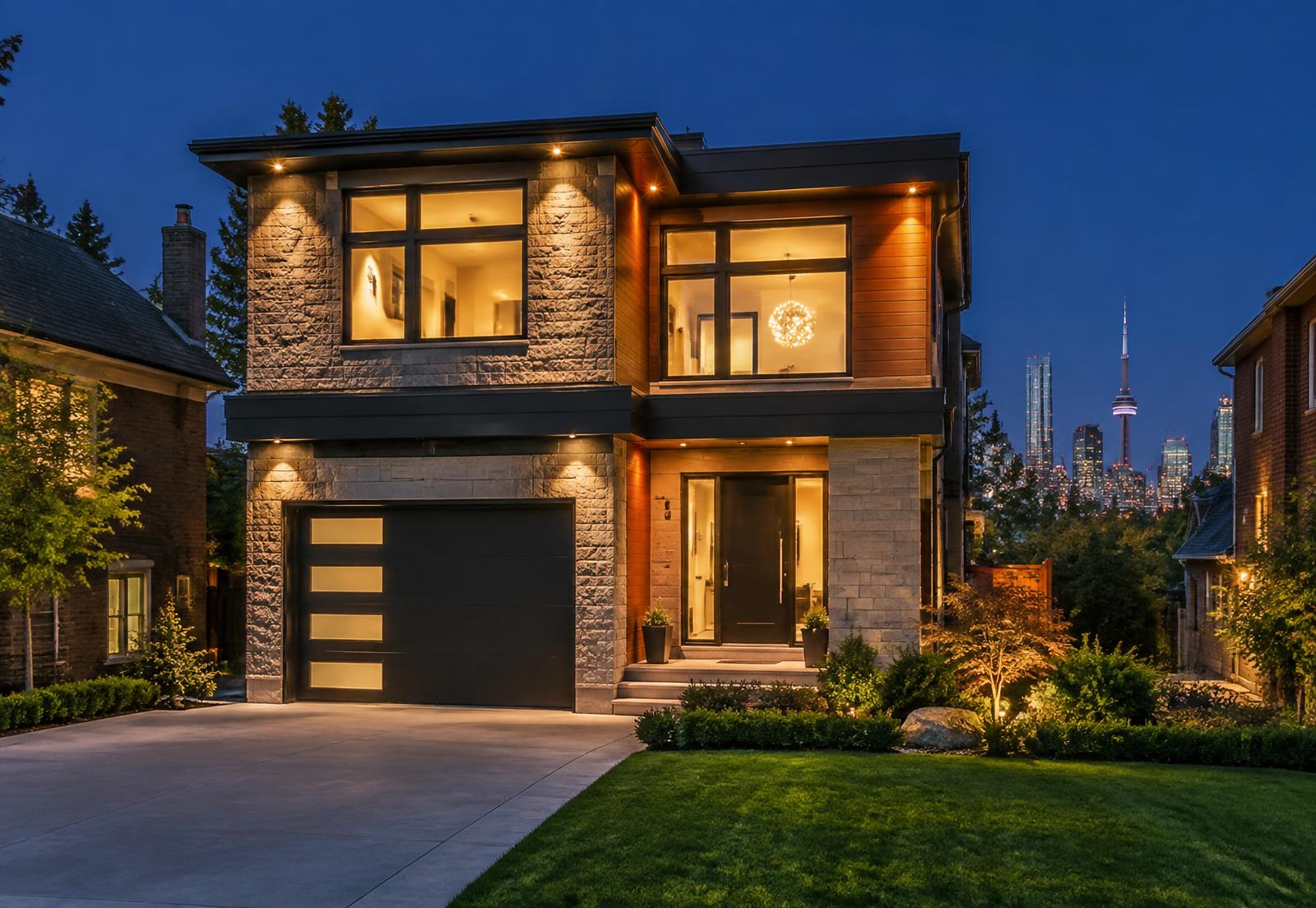 Detached Toronto home lit at dusk with the downtown skyline in the background